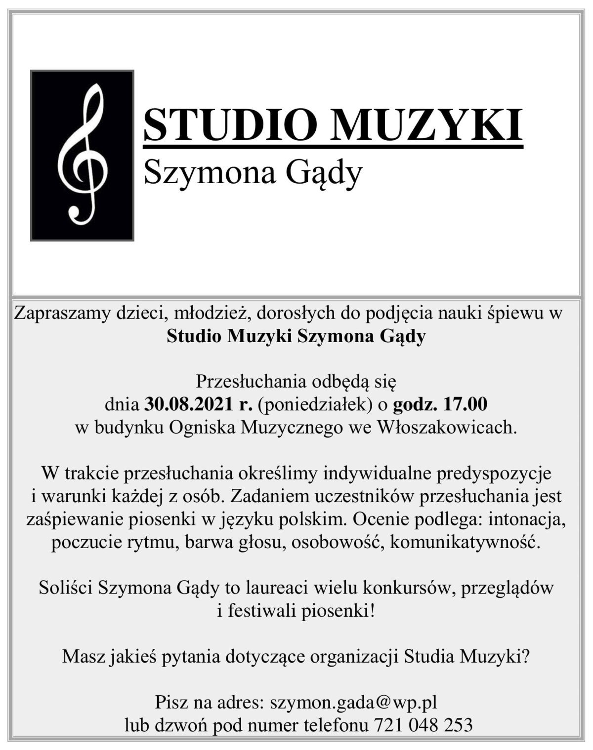Plakat promujący przesłuchania w Studiu Muzyki Szymona Gądy