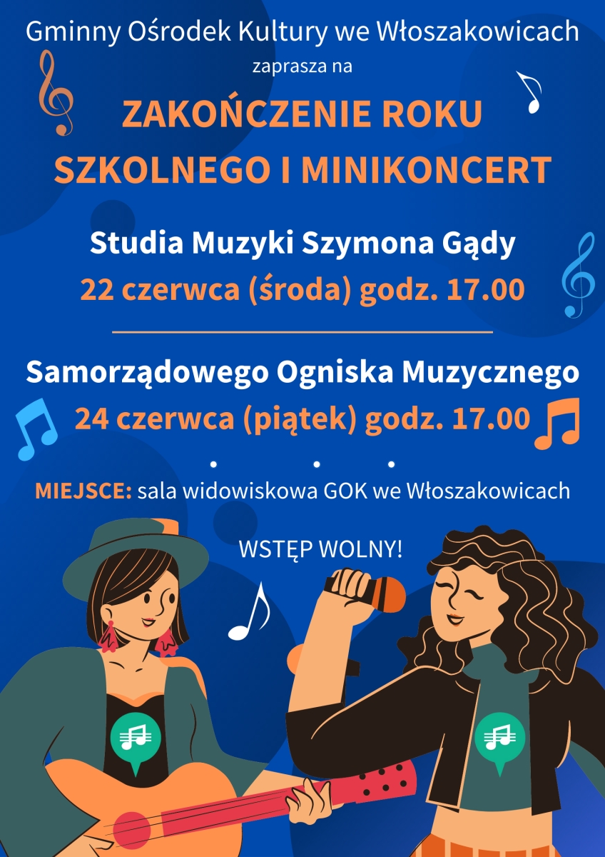 Plakat promujący zakończenie roku i minikoncert Studia Muzyki Szymona Gądy oraz Samorządowego Ogniska Muzycznego