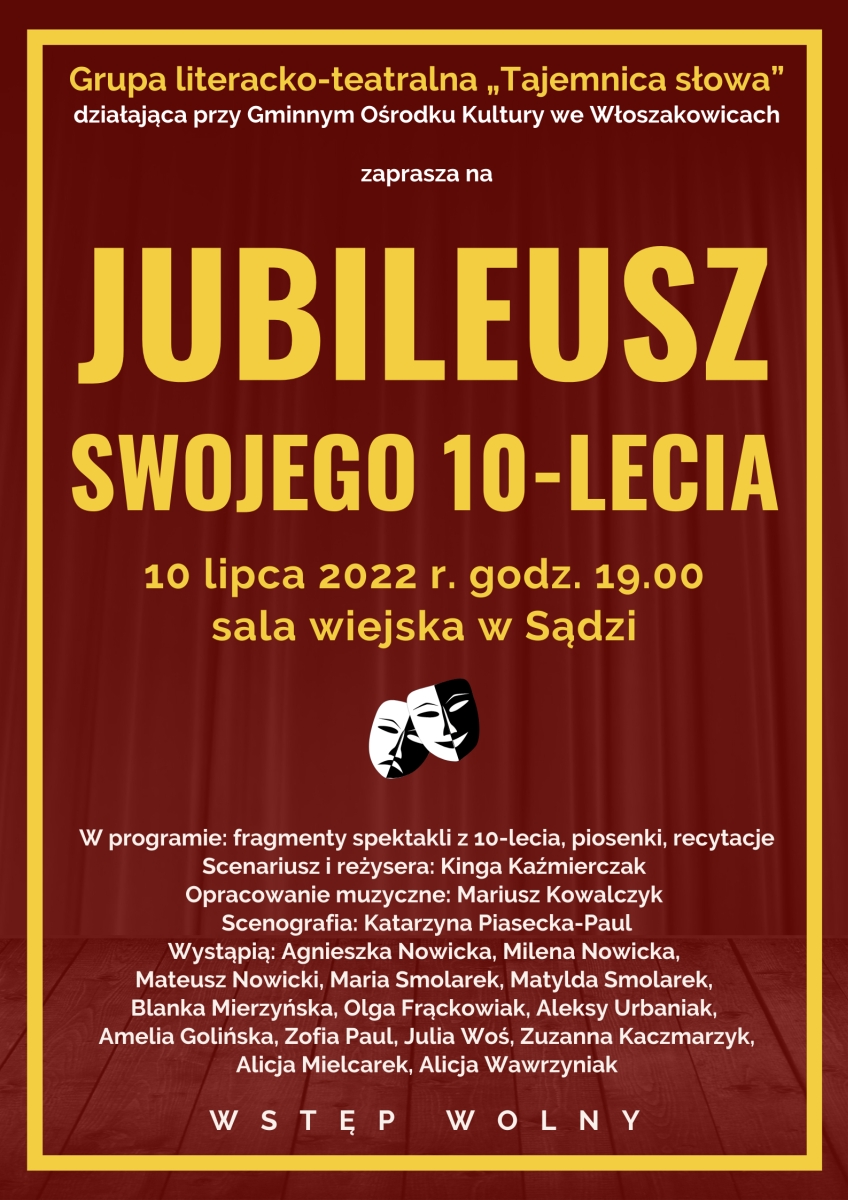Plakat promujący jubileusz 10-lecia grupy literacko-teatralnej „Tajemnica słowa”