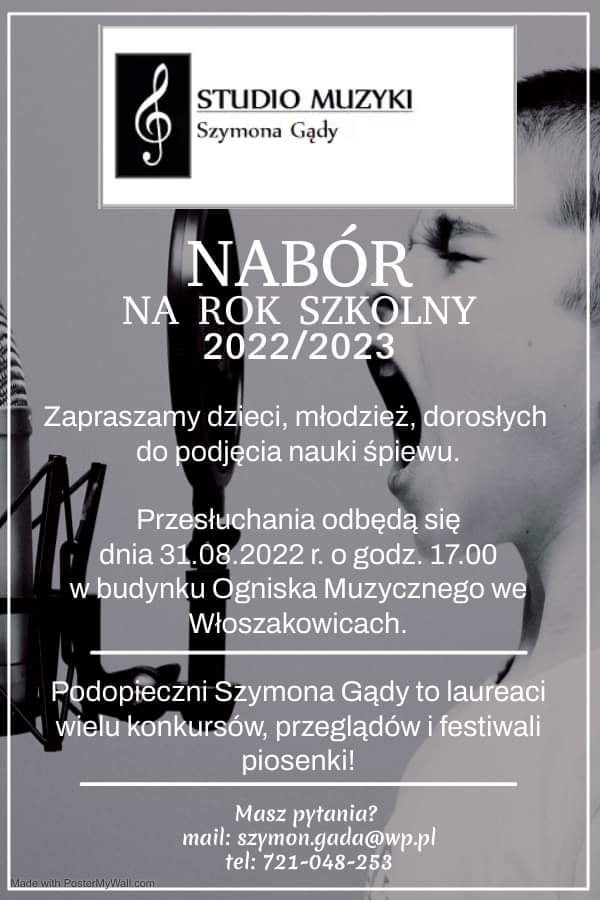 Plakat promujący nabór do Studia Muzyki Szymona Gądy