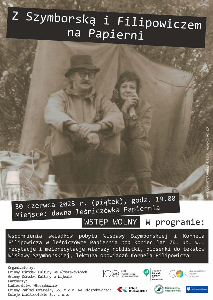 Plakat promujący spotkanie z Szymborską i Filipowiczen na Papierni